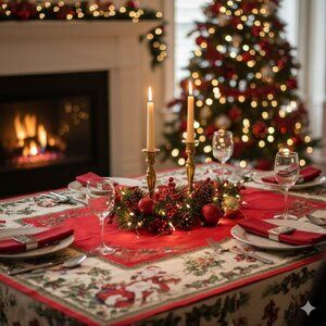 Christmas Tapestry LUREX Tablecloth Gold thread XMAS LINEN ELEGANT 50.5” x 68.5”